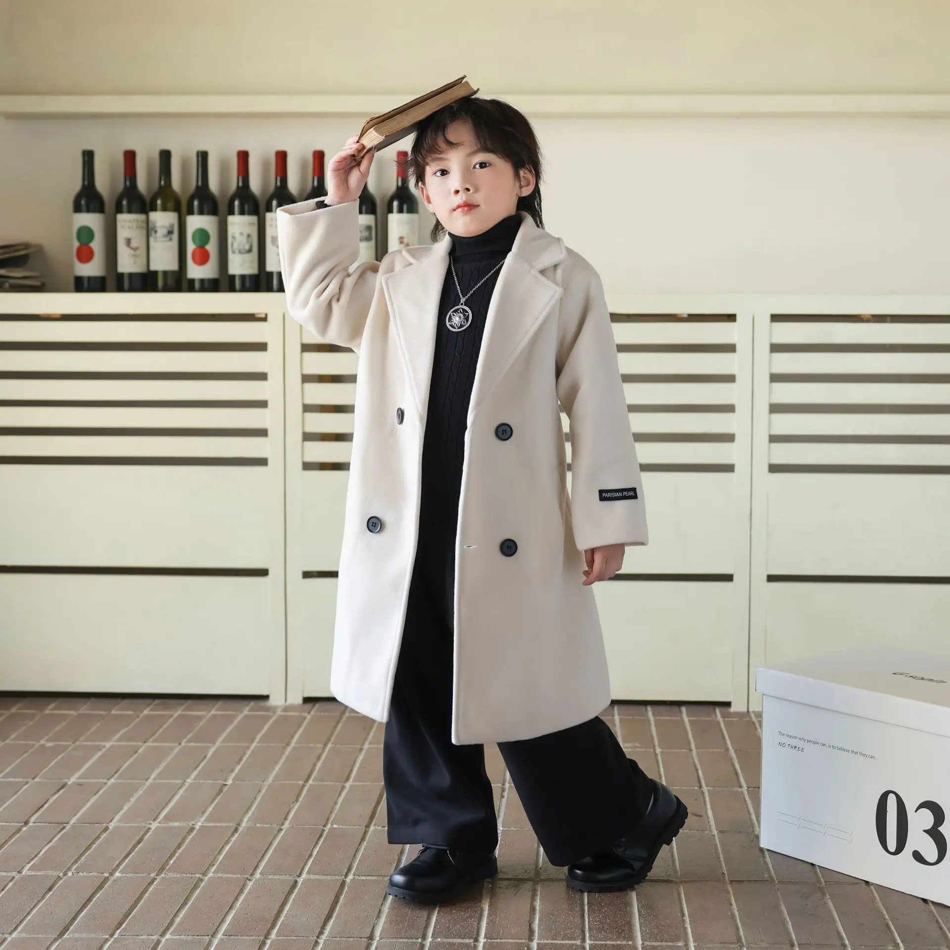 Boys Long Trench Coat Autumn Winter Warm Wool Blend Jacket Beige British Style School Child Overcoat Casual Teen Boy Outerwear