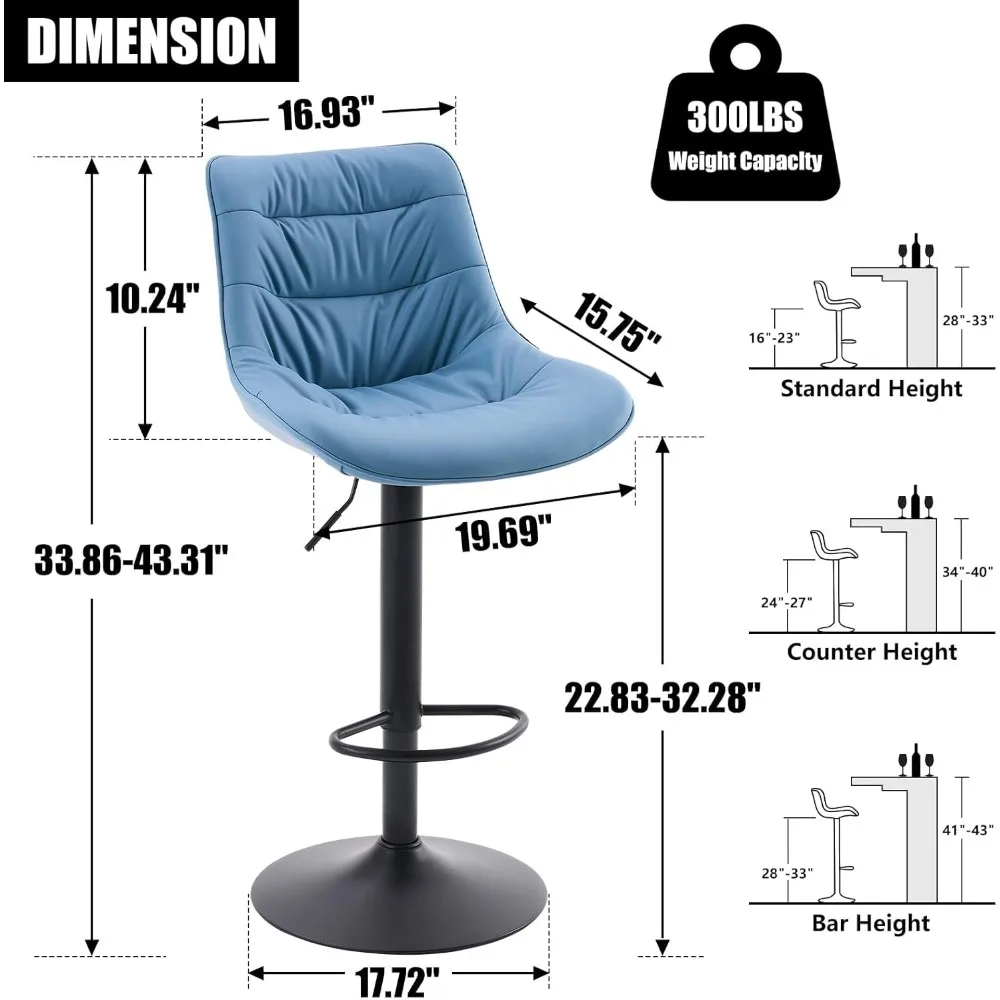 مجموعة مقاعد بارتفاع دوارة قابلة للتعديل باللون الأزرق الحديث مكونة من قطعتين مع تنجيد من جلد البولي يوريثان ودعم الظهر #2