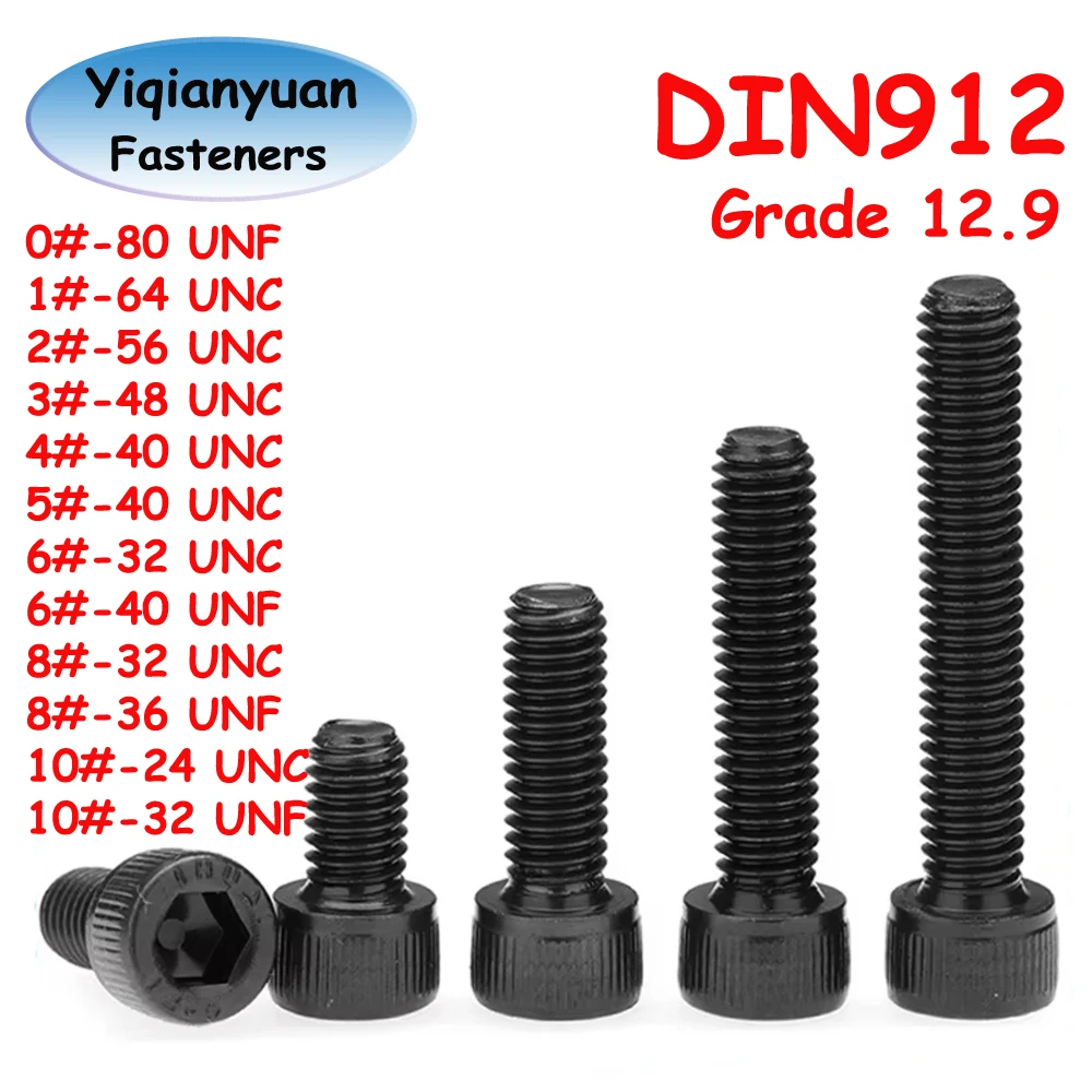 Yiqianyuan 0# to 10# UNC UNF Thread DIN912 Grade 12.9 Alloy Steel Hex Socket Knurled Cap Head Bolts Allen Key Screws