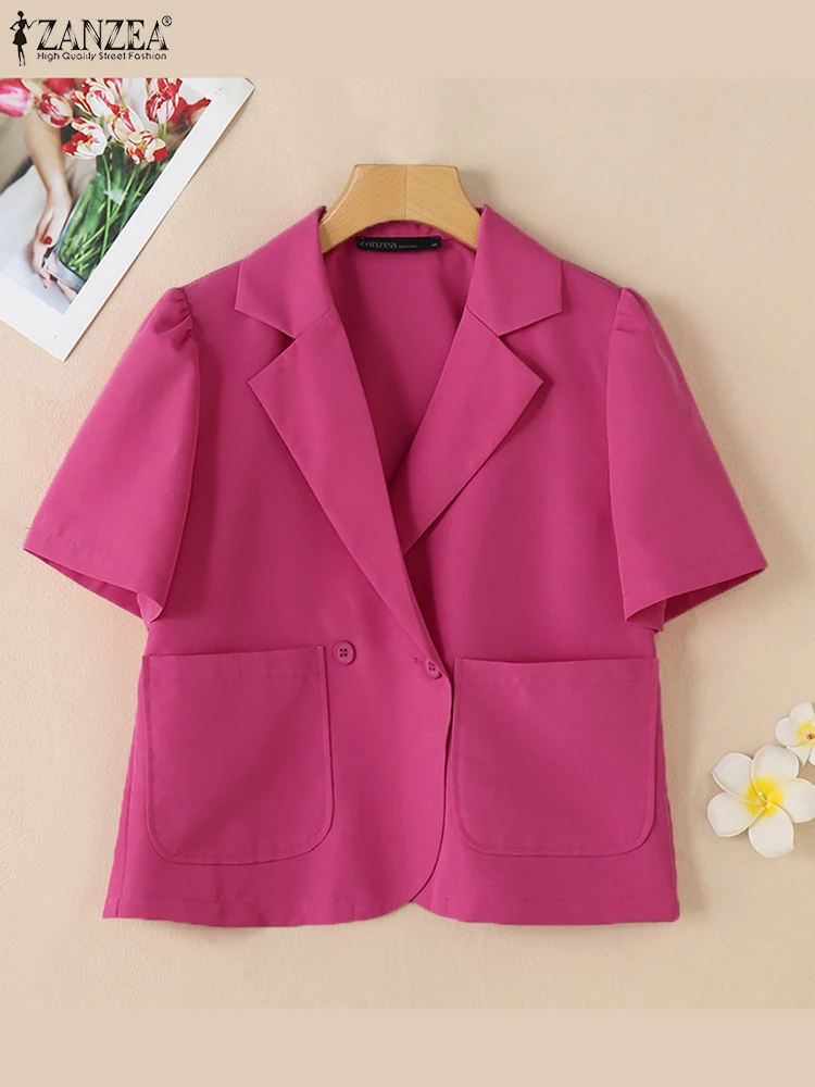 ZANZEA Summer Women Blazer Stylish Lapel Neck Jackets Solid OL Work Blouse Thin Tops Fashion Short Sleeve Buttons Up Shirt Femme