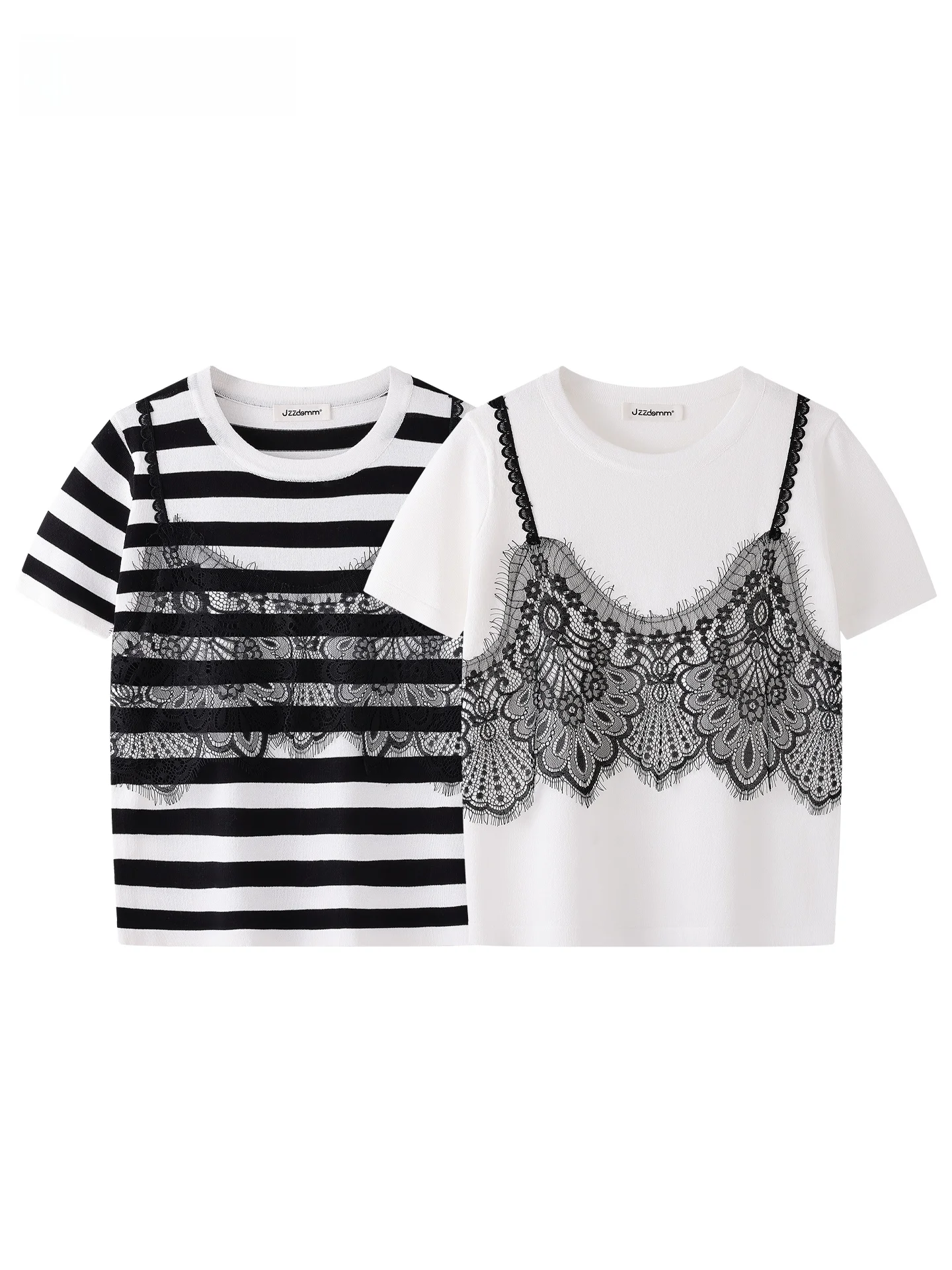 

JZZDEMM Lace Splicing Stripes Knitted ort Sve Women's Faionable Top Vintage Commute Sle Slim Fit round Ne Summer Thin