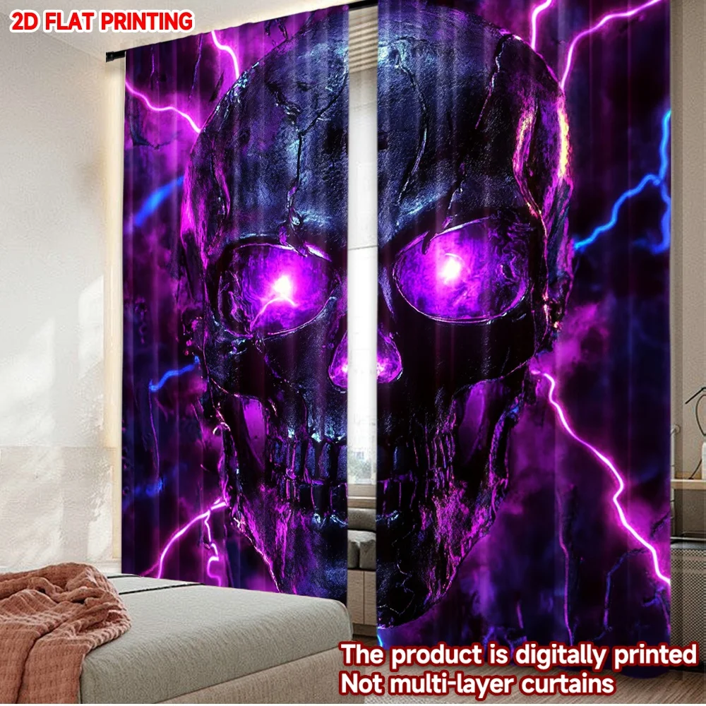 Gothic Glowing Skull and Spooky Bone Art Pattern Two-Panel Rod Pocket Window Curtains Dark Horror Home Decor