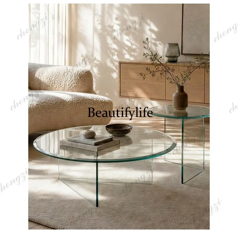 CC178 Italian minimalist explosion-proof glass edge table, living room art corner table, round transparent color coffee table
