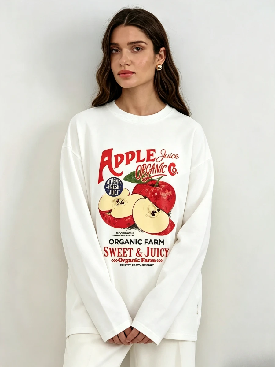 Spring Autumn 100% Cotton Women T‑Shirt Apple Juice Organic Farm Fruit Graphic Print Long Sleeve Loose Fashion Basic Base Top view 5