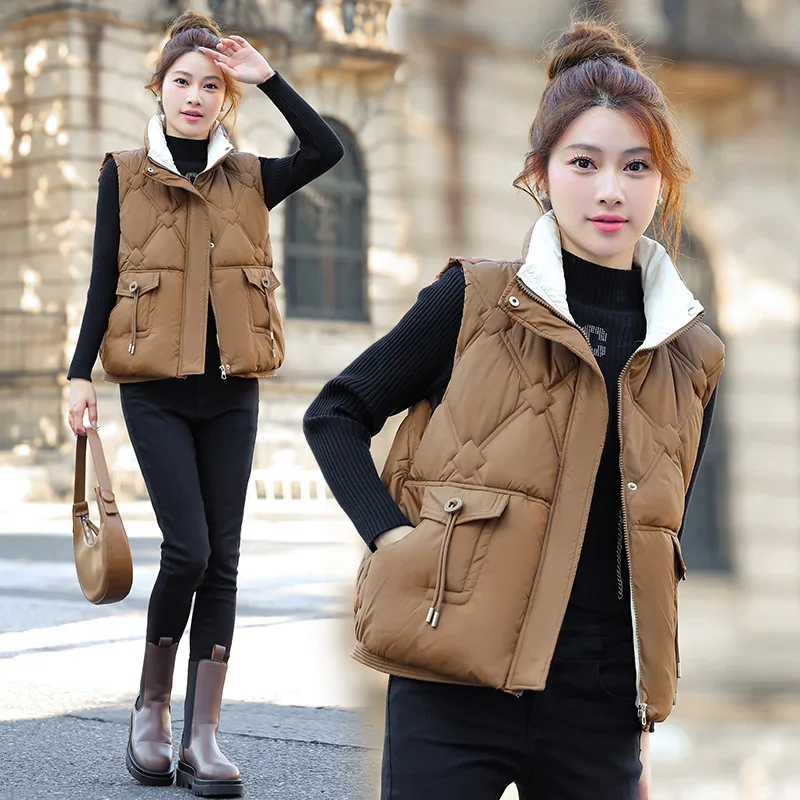 

Autumn Winter Women Down Vest Jacket New Women Sleeveless Waistcoat Short Jacket Stand Collar Cotton Vest Coat Top Chaleco Mujer