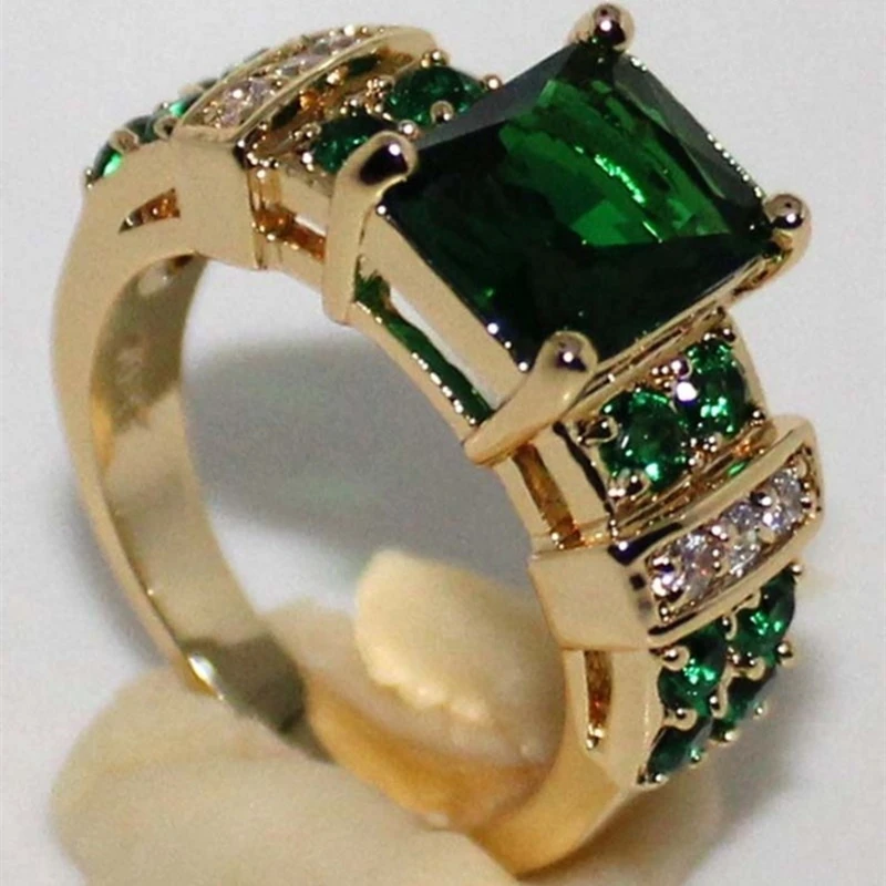 Delicate Luxury Crystal Green Gemstone Rings Girls Cocktail Party Jewelry Wedding Marriage Gold Color Rings