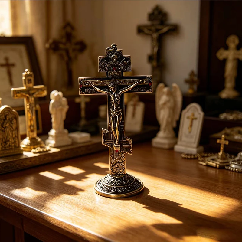 

Antique Bronze Plated Orthodox Standing Crucifix with Engraved Icons & Red Rhinestones for Catholic Christian Church Home Altar