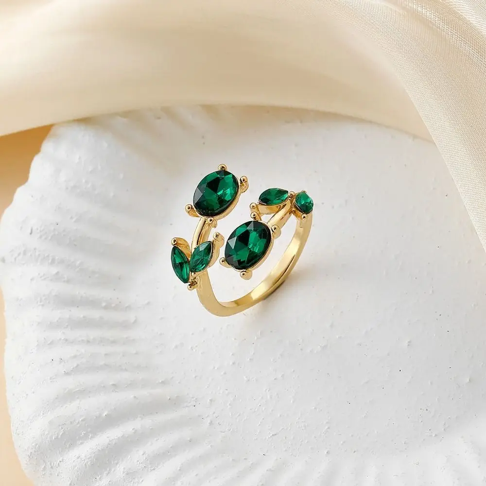 Adjustable Rhinestones Open Ring Multicolor Alloy Leaf-shaped Ring Ornate Crystal-inlaid Floral Statement Ring Daily Wear