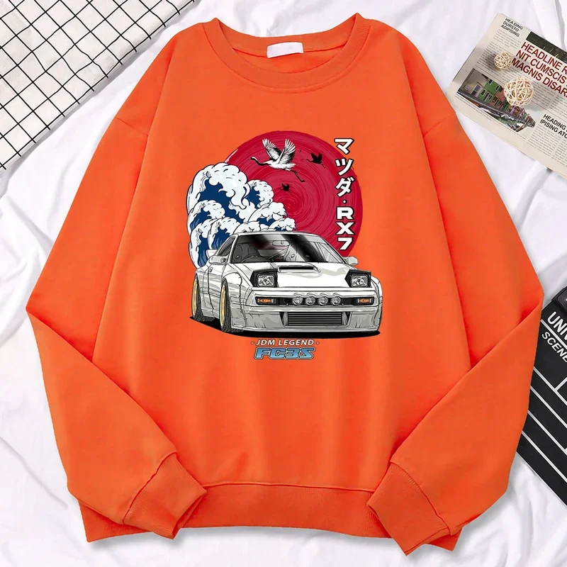 Simple Street Woman Pullovers Japanese Car Waves Crane Red Sun Print Hoody Loose Soft Sweatshirt Fleece Drop Sleeves Clothes