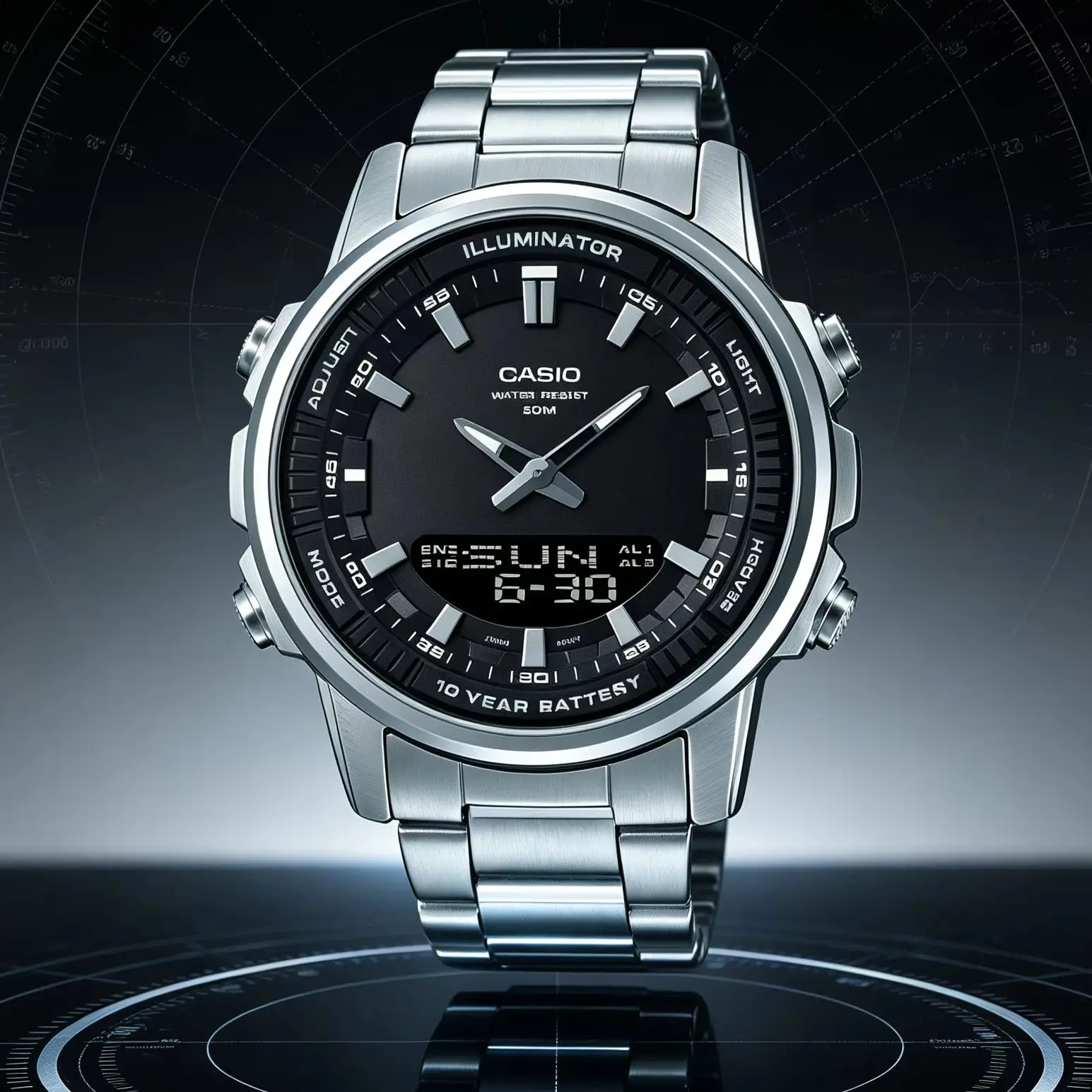 Casio AMW‑880D | Stainless Steel Men Watch | 50M Water Resistant | World Time | Stopwatch | LED Light