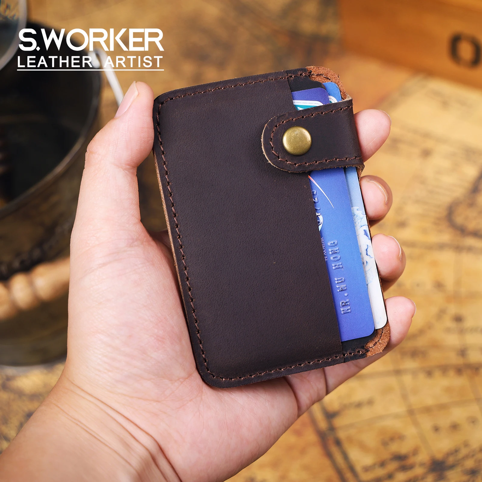 S.WORKER Vintage-Kartenetui aus Vollnarbenleder, Mini-Geldbörse, Retro-Taschenbrieftasche, kleine Tasche für den Alltag – Detail 2