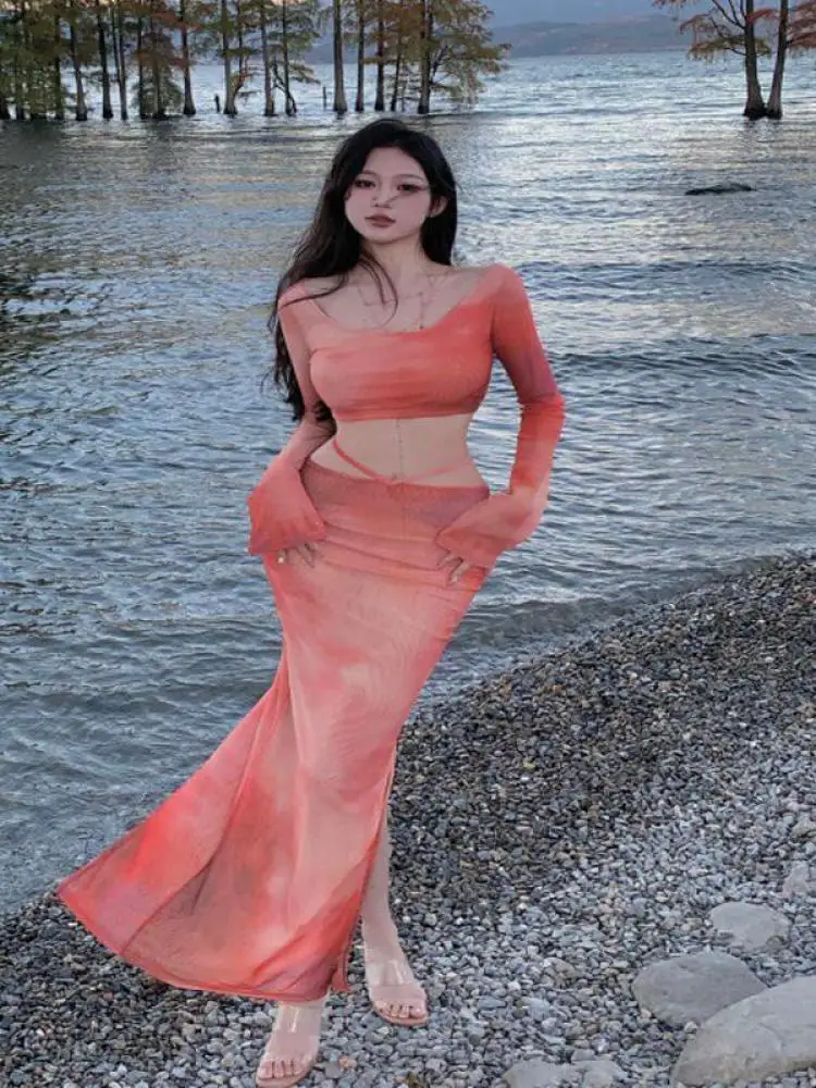 

Women Autumn Sexy Club Orange Tie Dyed Long Sleeves Short Tops And High Waist Elegant Long Skirt 2024 Holiday Two Pieces Set New