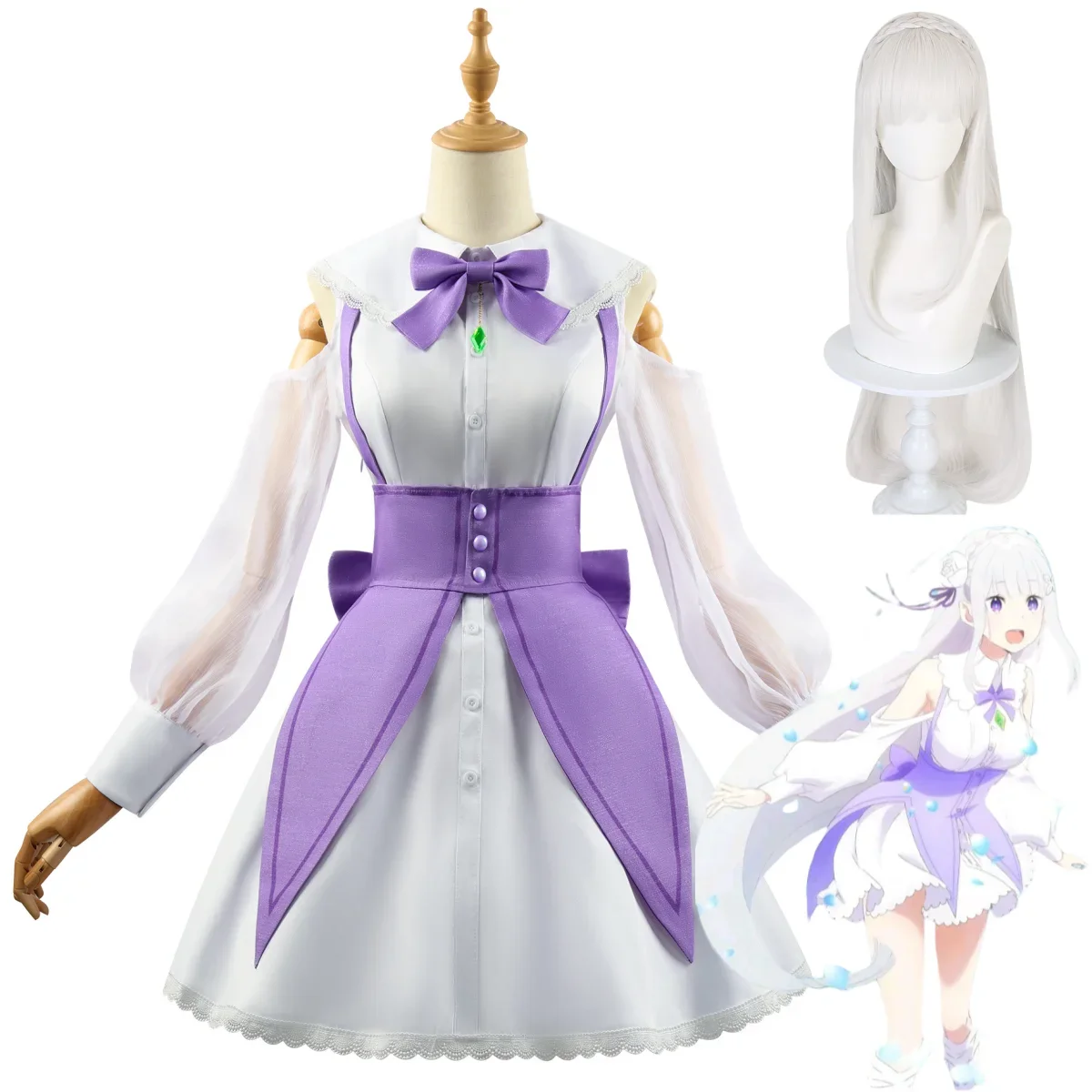 Anime Re:Life in A Different World From Zero Emilia Cosplay Costume White Purple Princess Dress Wig Woman Cute Halloween Suit