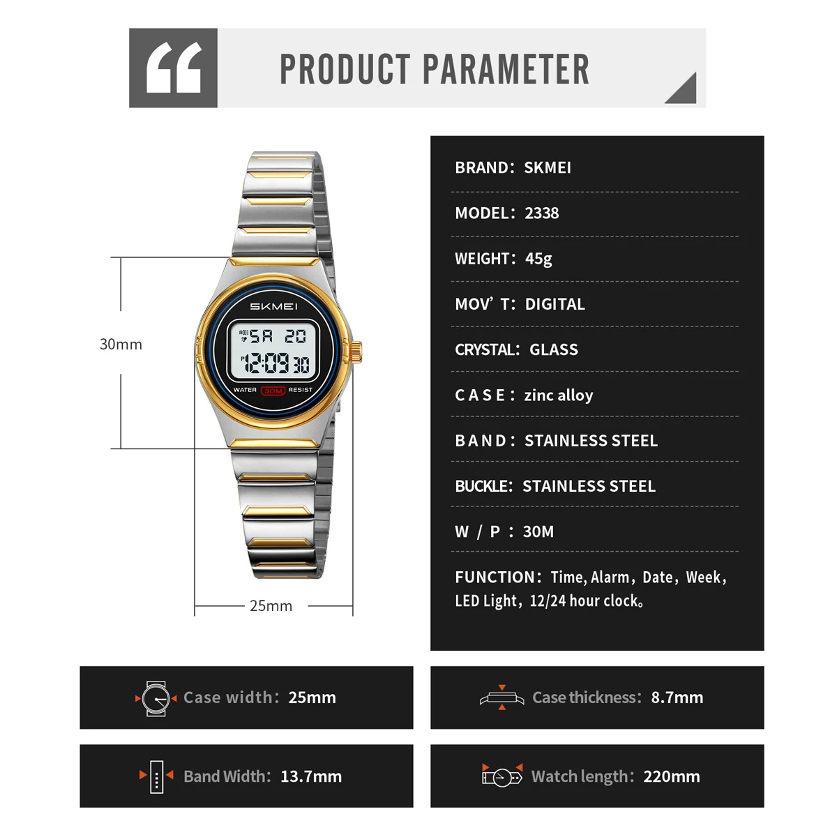 SKMEI jam tangan elektronik Digital wanita, arloji Dial kecil Stainless Steel, jam tangan olahraga tahan air untuk wanita