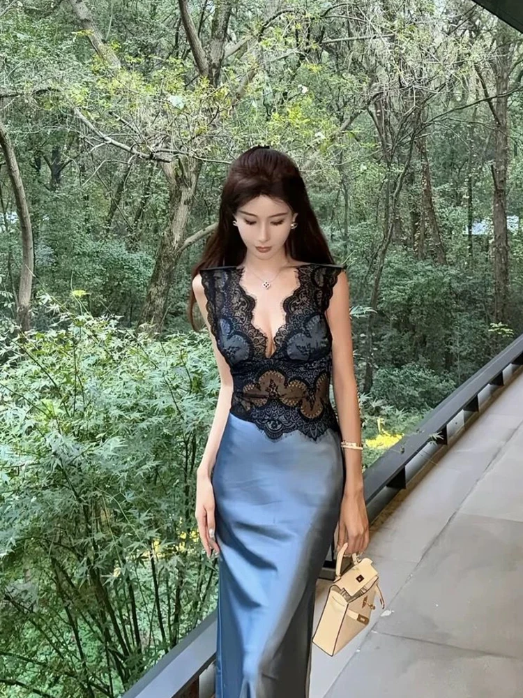 

Strive Umei Sexy Lace Splice Satin Butt Skirt Women Spring Summer Heavy Work Evening Long Dress Commute Style Korean Version