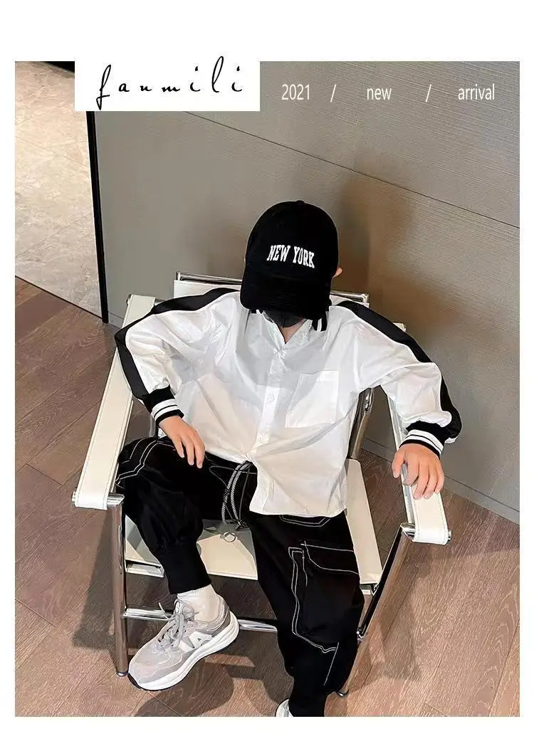 Teenage Clothes School Uniform Splice Boys Shirts White Long Sleeve Turn-down Collar Kids Shirt For Boys Children Tops