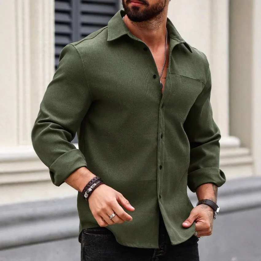 2026 New Mens Pocket Shirt Long Sleeve Solid Color Single Breasted Lined Autumn American Casual Business Button Down shirts for