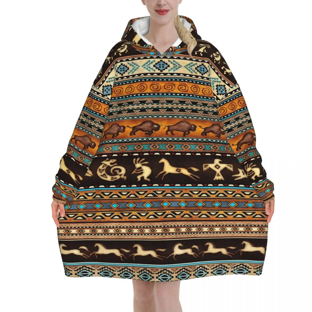Southwestern Aztec Tribal Wearable Blanket Hoodie for Women Men Oversized Sweatshirt Blanket with Pocket