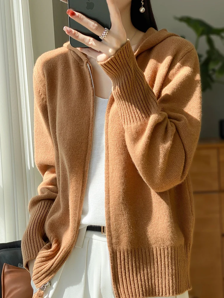 ADDONEE Women Zipper Hooded Cardigan Casual Cashmere Sweater Autumn Winter 100% Merino Wool Knitwear Korean Popular Clothing Top