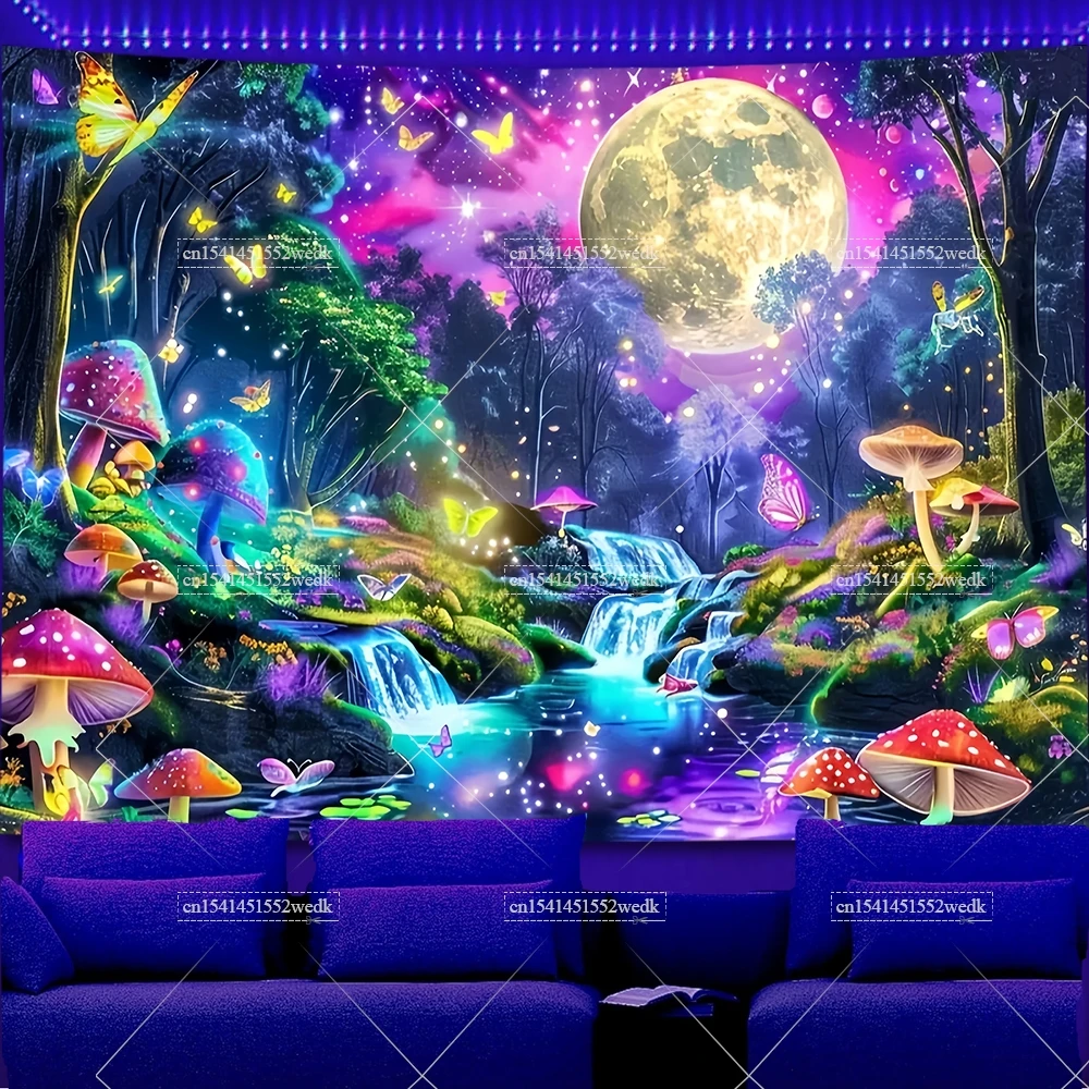 Forest Butterfly Moon Blacklight Tapestry UV Reactive Flowers Neon Tapestry Fluorescent Tapestries Aesthetic Wall Art Backdrops
