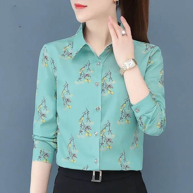 Spring and Autumn Women's Polo Collar Button Contrast Plant&Flowers Printing Single Breasted Long Sleeve Shirt Cardigan Tops