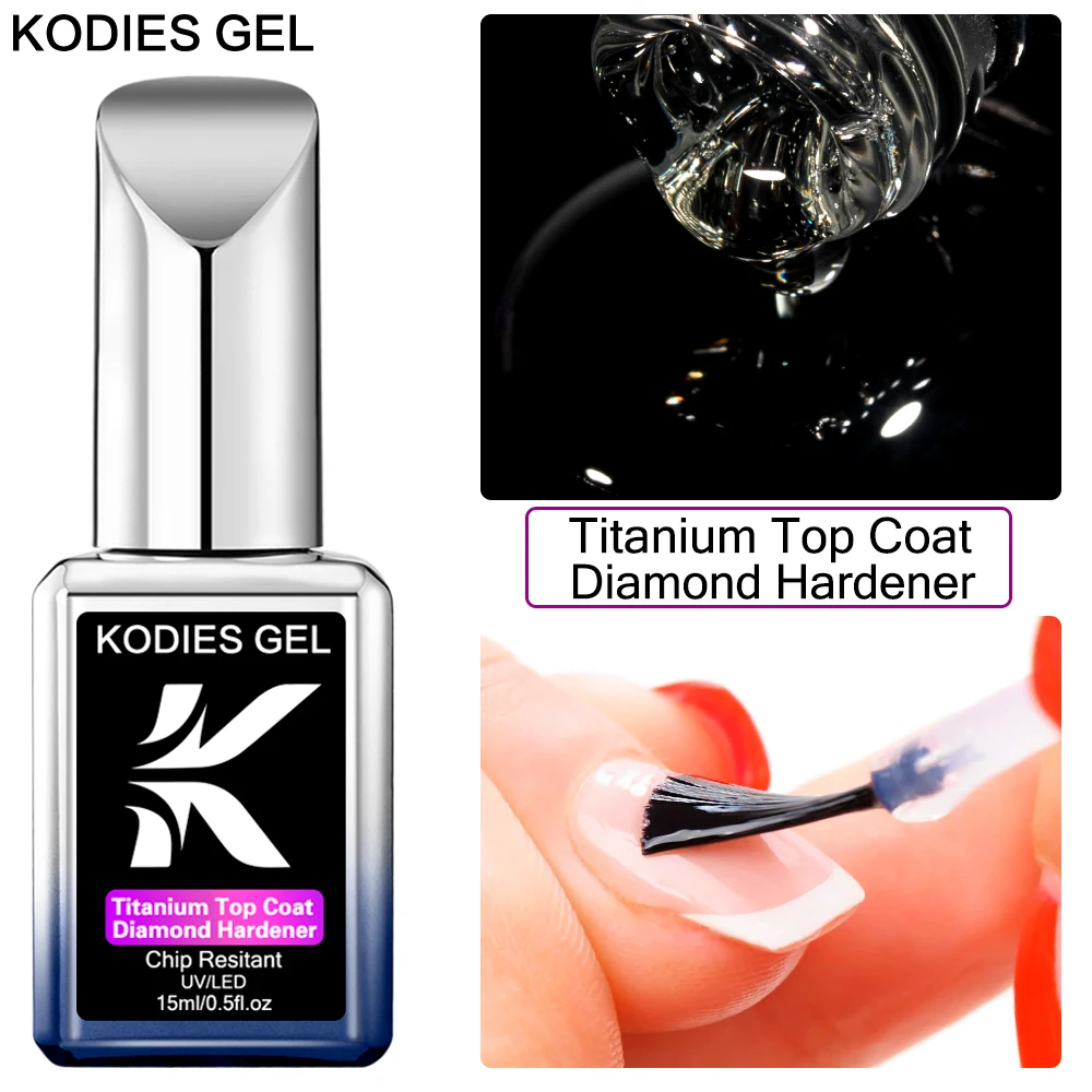 Kodies gel titânio revestimento superior uv gel unha polonês 15ml diamante claro duro semi permanente uv chip resistente acabamento gellak sem limpeza