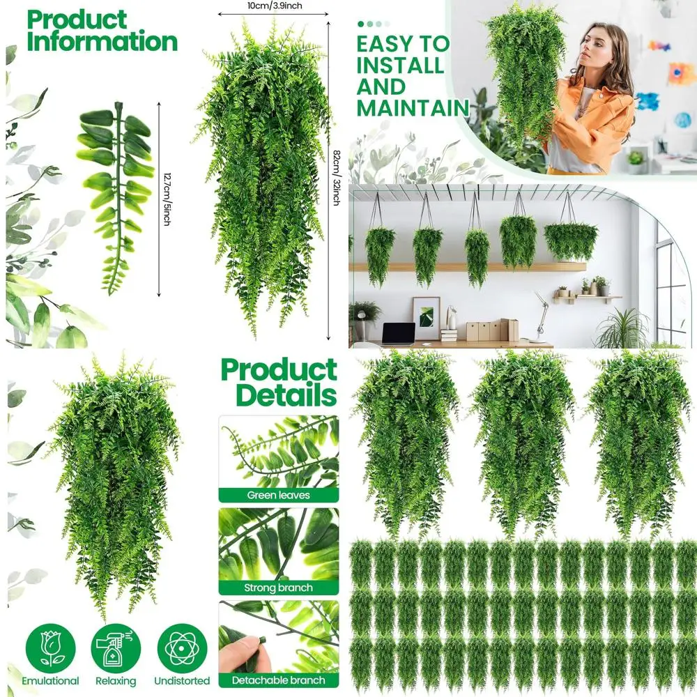 80-Piece 32-Inch Artificial Boston Fern Hanging Plants for Wall, Garden, and Wedding Decor - Indoor & Outdoor