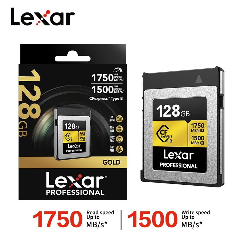 Tarjeta Lexar CFexpress tipo B, tarjeta CFE de vídeo RAM dorada de 8K para cámara Nikon Canon, 128GB, 256GB máx., 1750Mb/s, lectura de tarjeta de memoria CF