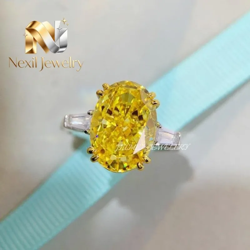 Nexil Jewelry  Luxury Solid Platinum PT950 Women's 10 karat Yellow Diamond Ice Flower Cut Pigeon Egg Oval Ring