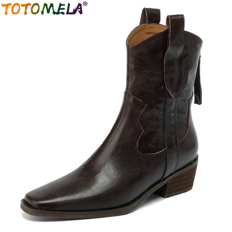 

TOTOMELA Size 34-43 Genuine Leather Boots Women Zipper Black Brown Handmade Ankle Boots Ladies Shoes Western Boots