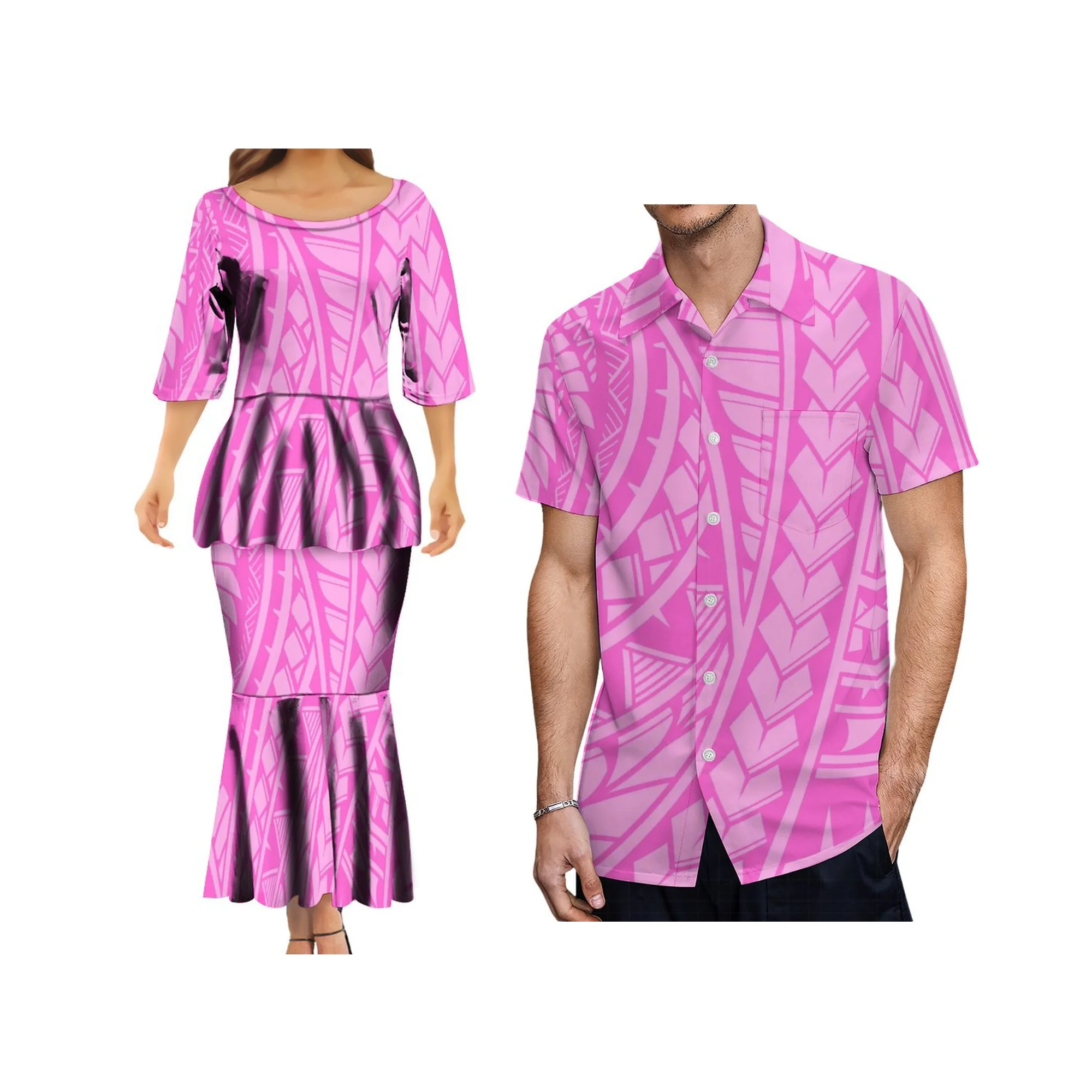 New Design Custom Logo Island Style Samoan Womens Two Pieces Sets Fishtail Dress  Print Tongan Puletasi