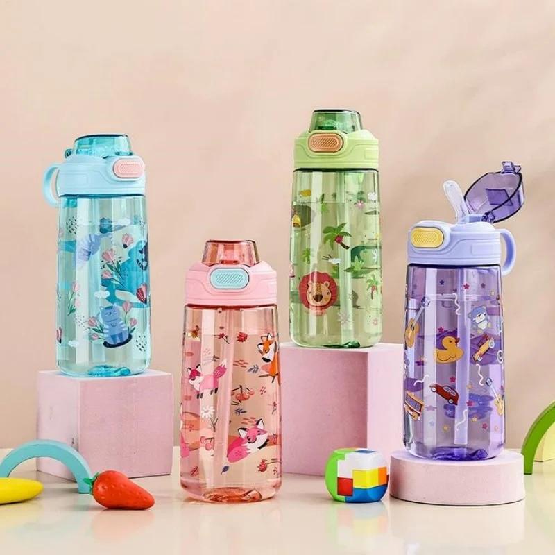 550ml Kids Cartoon Animal Water Bottle with Safety Lock Design, Portable Leak-proof Straw Cup for Outdoor School Daily Drinking