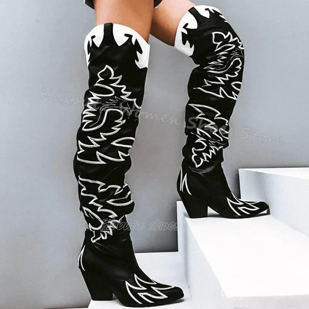 Western Boot Over The Knee Snakeskin Leather Elegant Fashion Novelty Women Shoes Mixed Color Comfortable Pointy Chunky Heels New