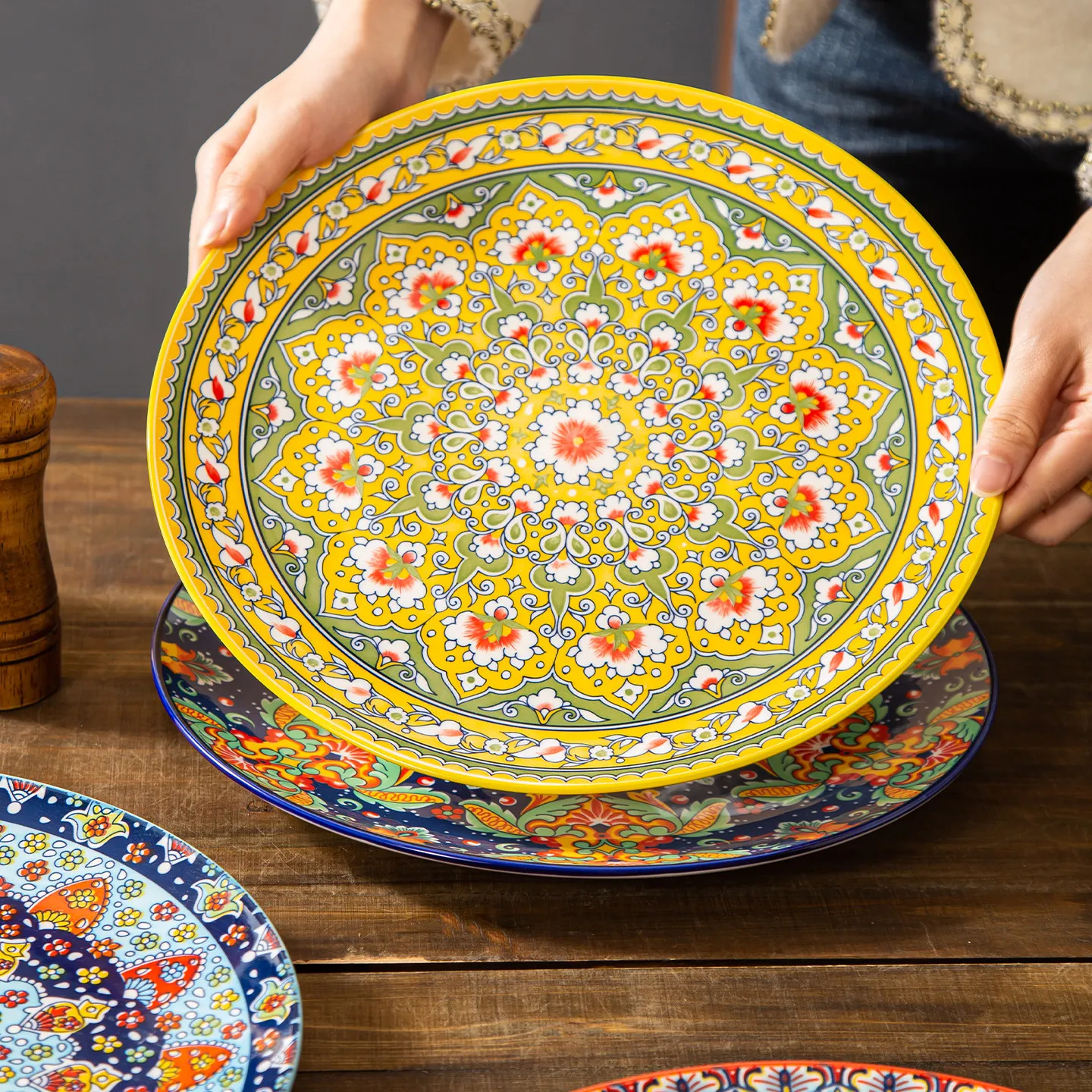 

12in Bohemian Ceramic Large Shallow Plate High-Profile Horizontal Level Western-Style Steak Plate Round Flat Plate Pasta Plate