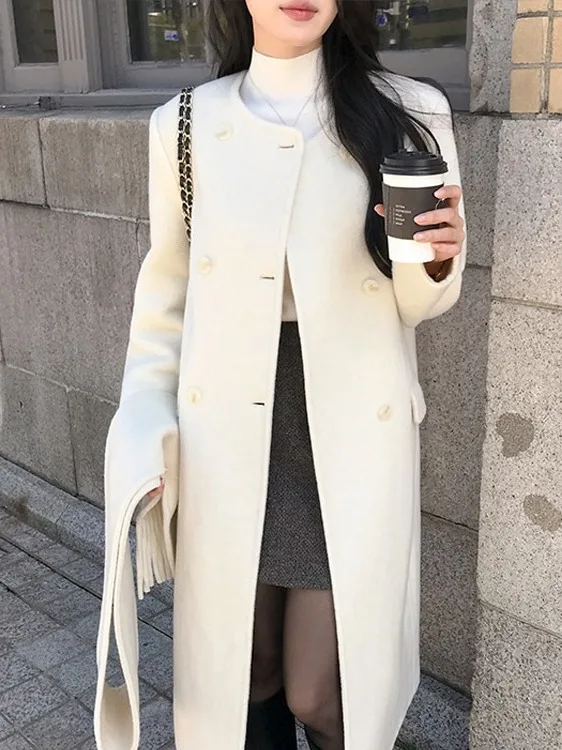 

Длинное шерстяное пальто Ele, женское шикарное круглое платье на одной пуговице, высококачественная модная верхняя одежда, свободная посадка, обычная футболка...