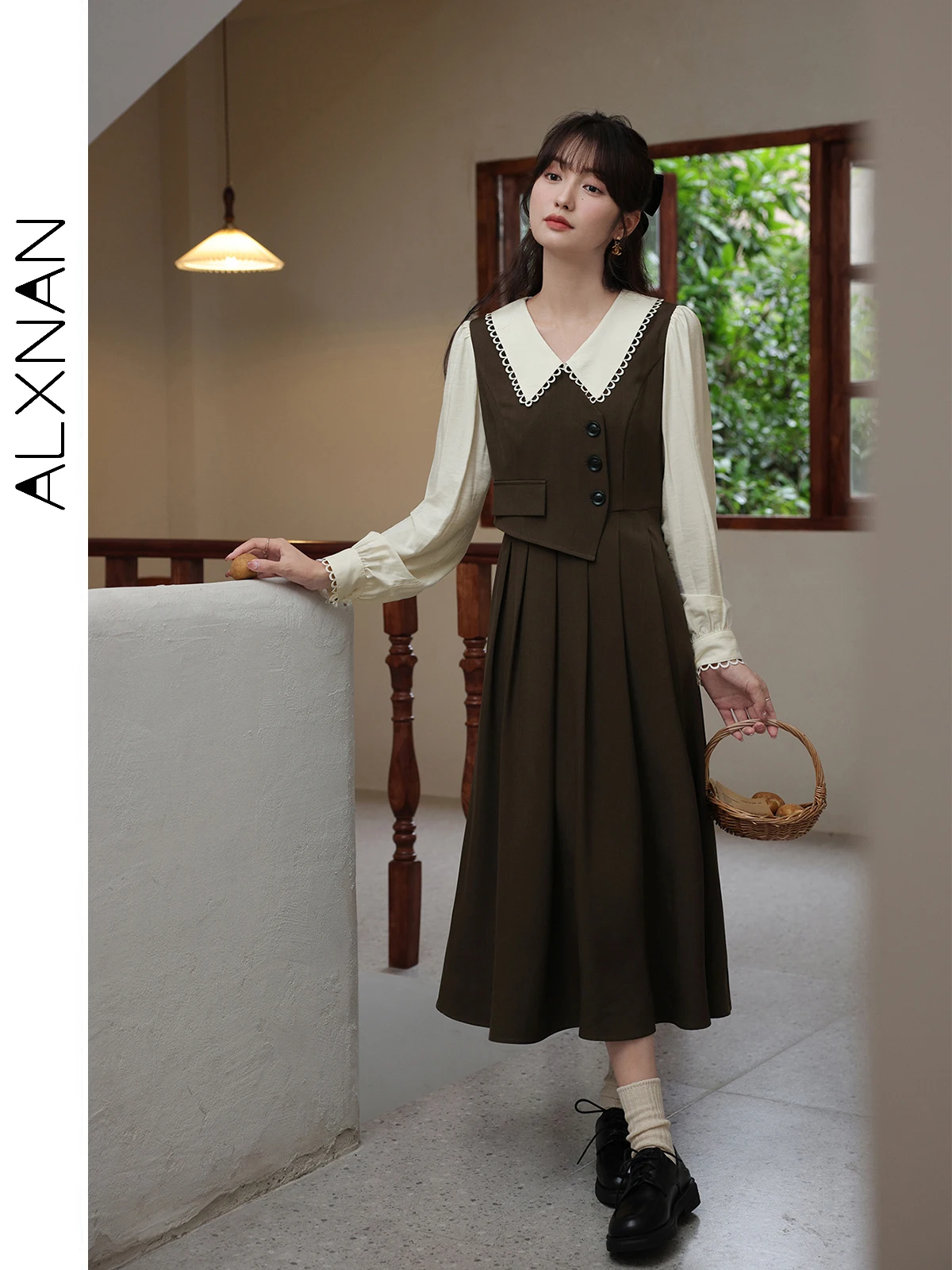 

ALXNAN Autumn Patchwork Fake 2 Piece Midi Dress 2024 Peter Pan Collar High Waisted A-line Long Sleeve Dresses for Women LXN26501