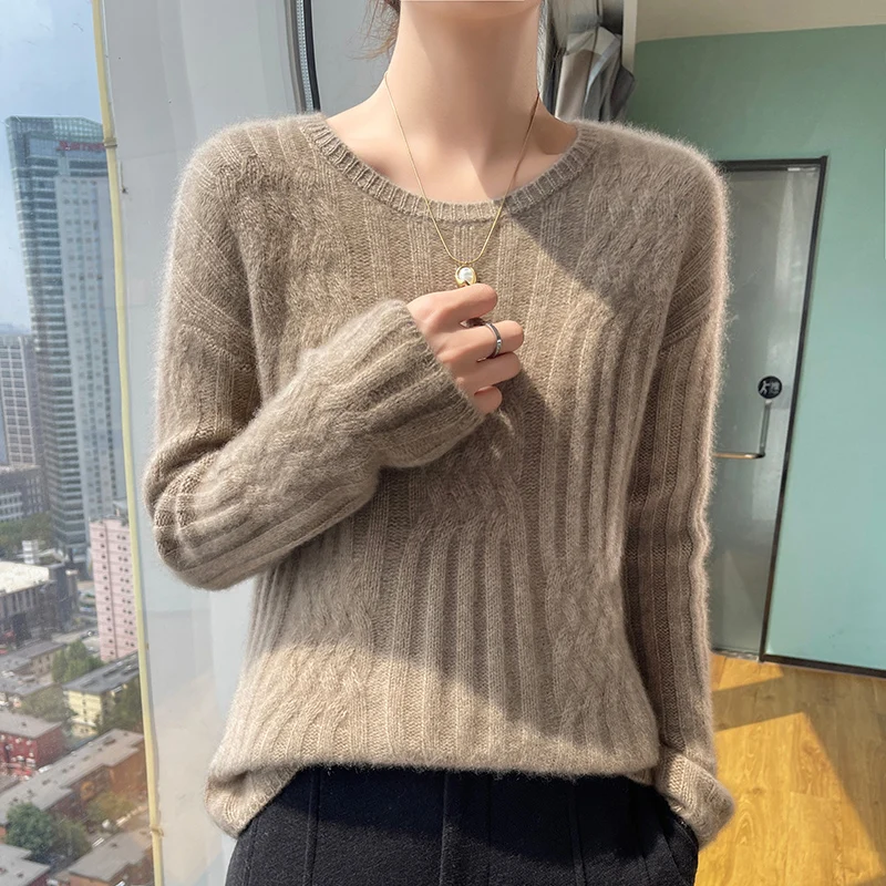 Cashmere Pullover Sweater Autumn/Winter Casual Solid Color Knitted Loose Round Neck Ladies' Tops Thickened 100% Pure Wool Blouse