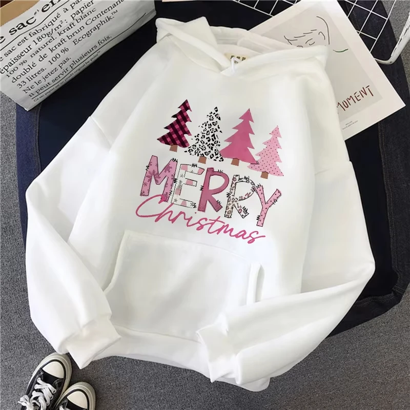 Women's Christmas Graphic Hoodies Festive Leopard and Tree Design with Merry Christmas Print Sweatshirts Graphic Hooded Clothes