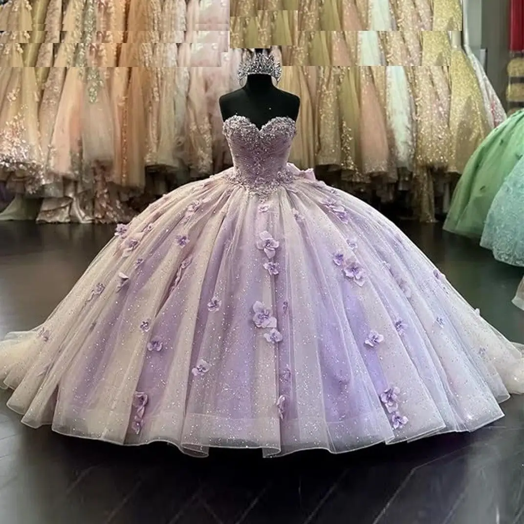 Lorencia 2023 сиреневые платья Quinceanera Цветочная аппликация кружева ручной работы Цветы Бисероплетение милое 16 платья для XV лет YQD323