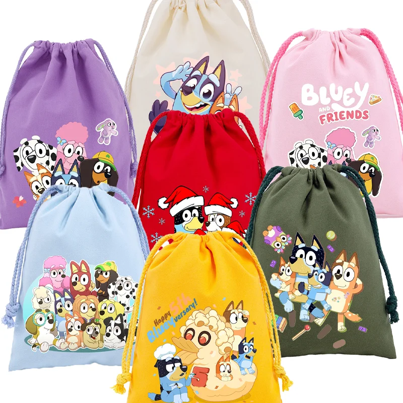 Bluey-Bolsa de almacenamiento portátil de algodón con estampado gráfico de dibujos animados, bolsa pequeña con bolsillos y cordón para regalos de fiesta de cumpleaños, Bingo