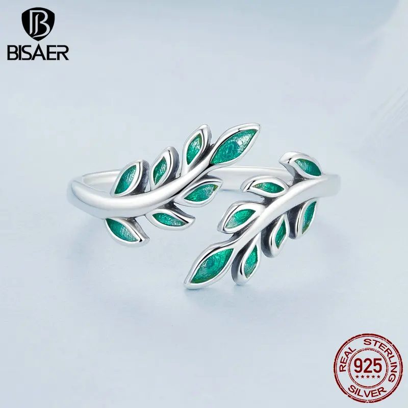 BISAER 925 Sterling Silver Green Leaf Open Enamel Process Band Adjustable Size 5-9 for Women 2024 Chinese Zodiac Fine Jewelry