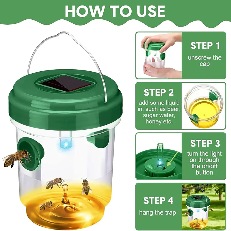IPX4 Waterproof Solar Wasp Bee Trap Outdoor Hanging Insect Catcher With 7mm Spikes UV LED Light Fly Hornet Catcher For Garden