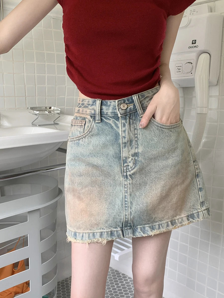 

Benuynffy American Retro Denim Short Skirt Women's Summer 2024 Fashion Y2k Streetwear High Waist Raw Hem A-line Mini Skirts