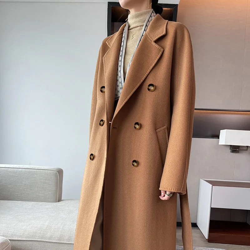 100 pure cashmere, the same suit collar, medium and long double-sided woolen coat, women's profile version woolen coat