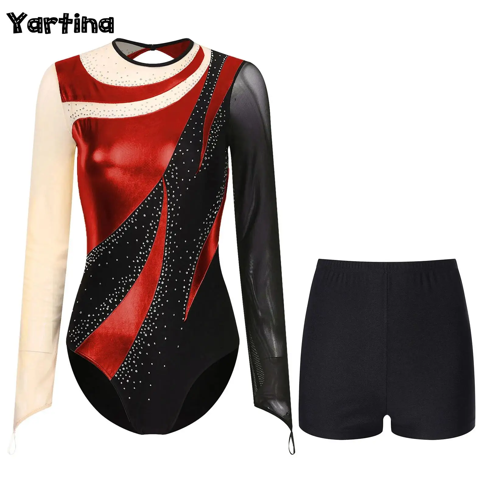 Womens Gymnastics Artistic Skating Ballet Dance Performance Costume Metallic Leotard Shiny Rhinestones Bodysuit with Shorts