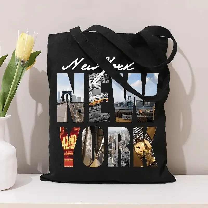 Single Size Single Print Design. Tote Bag | Unisex Black, New York City Skyline Print Spacious with Fixed Shoulder Straps