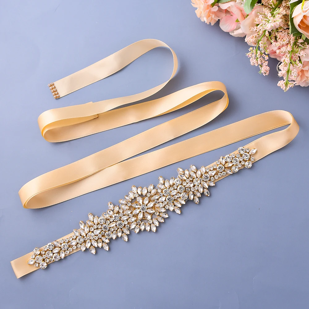 Plus Size Bridal Gowns Belts Golden Belts for Women Rhinestones Belt Girlfriend Luxury Ribbon Belt Wedding Sash S319-G