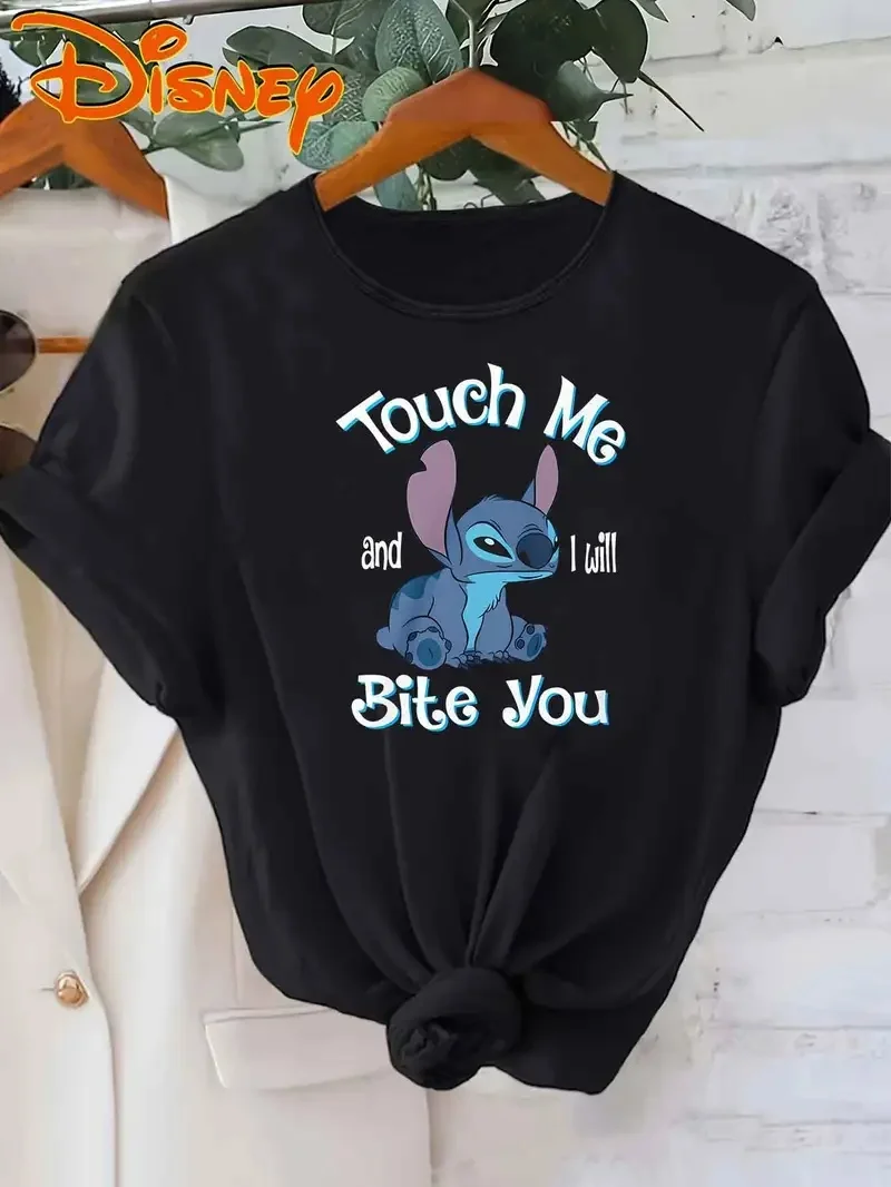 

2025 Disney Pattern Printed Women's Casual Comfortable Unique Smiling Face Black Round Neck Short Sleeve T-shirt
