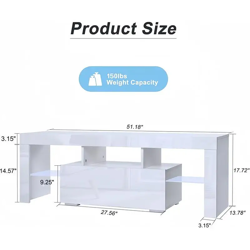 LED-TV-Ständer für Fernseher bis zu 55 Zoll, modernes Entertainment-Center mit nach unten klappbarer Tür, Glasregal und glänzendem UV-Finish, TV