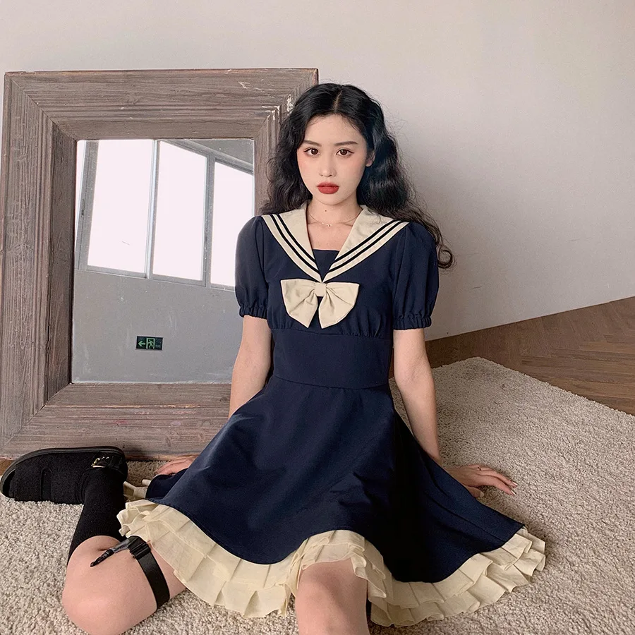

Harajuku Sailor Collar Navy Dress Japanese Lolita Sweet Dresses Girl Retro Cotton Kawaii Preppy Style Temperament JK Uniform